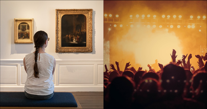 left - woman admiring artwork inside Auckland Castle and right - music concert with crowd